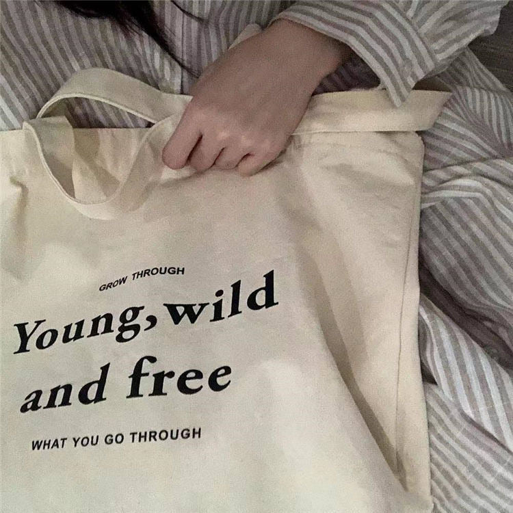 Young, Wild, and Free Lightweight Aesthetic Quote Canvas Tote Bag