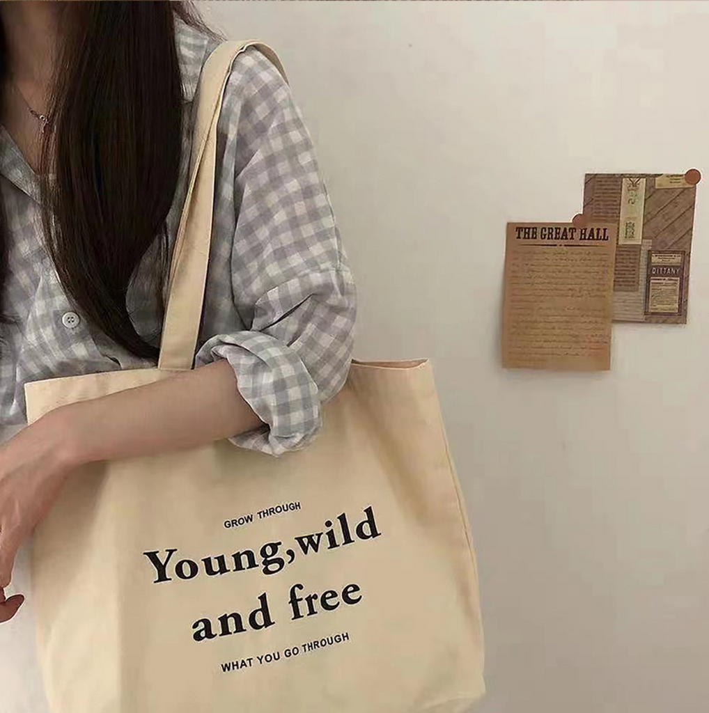 Young, Wild, and Free Lightweight Aesthetic Quote Canvas Tote Bag