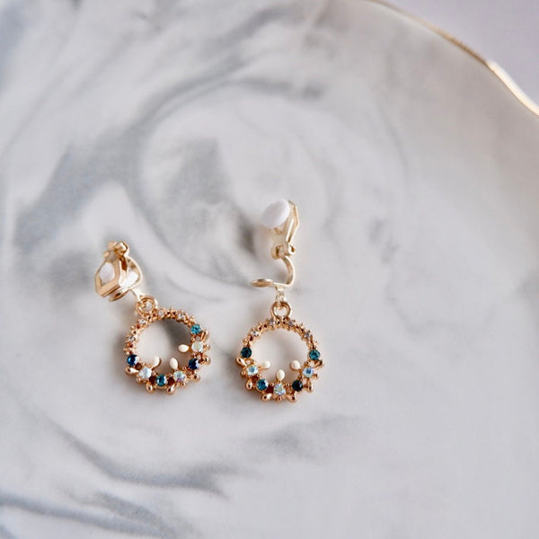 Non-Piercing Clip on Blue Crystal Gold Earrings