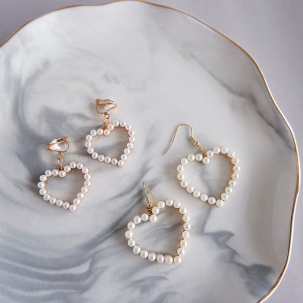 Non Piercing Heart Shape with Pearl Clip-on Earrings