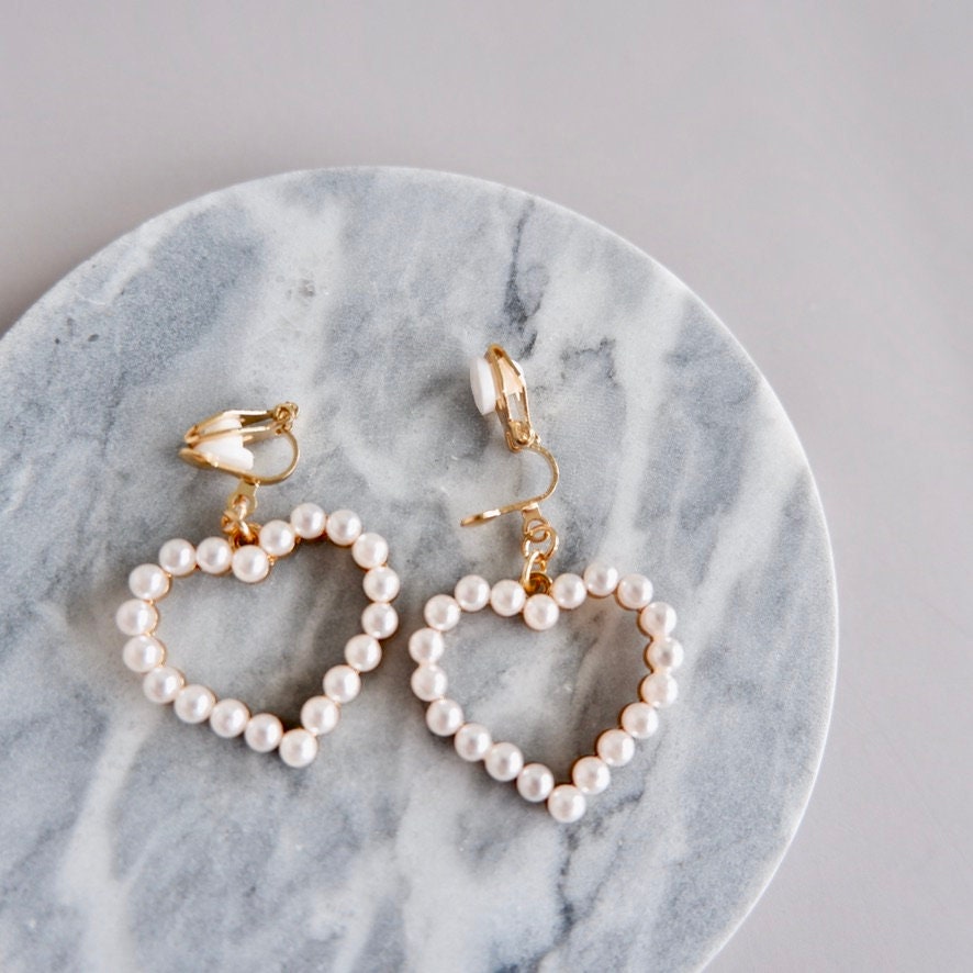 Non Piercing Heart Shape with Pearl Clip-on Earrings