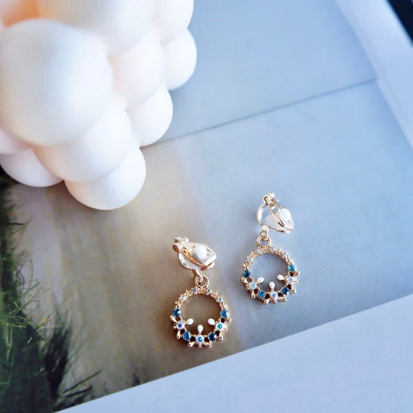Non-Piercing Clip on Blue Crystal Gold Earrings