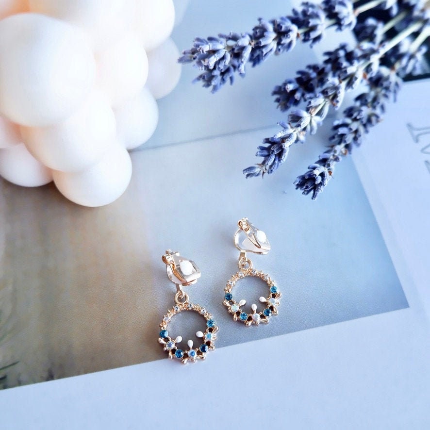 Non-Piercing Clip on Blue Crystal Gold Earrings
