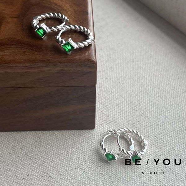 Emerald Green Silver Twist Huggies Earrings