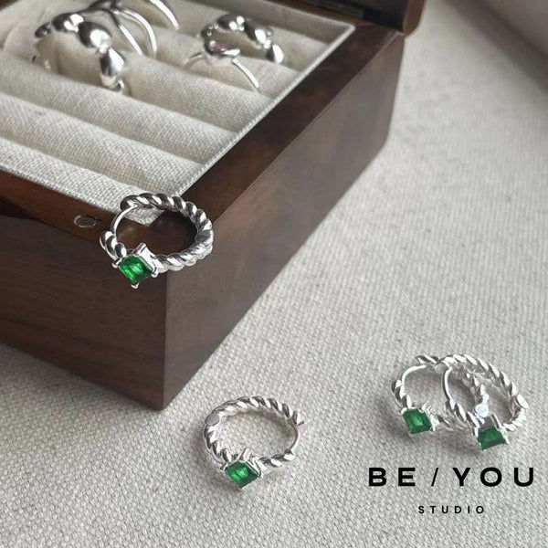 Emerald Green Silver Twist Huggies Earrings