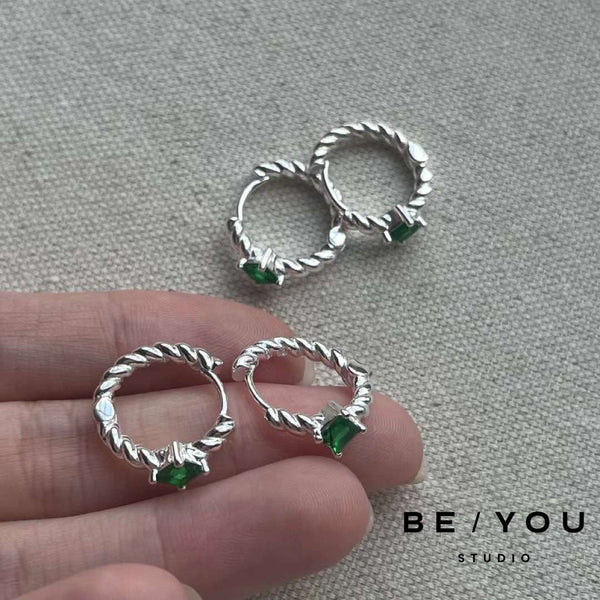Emerald Green Silver Twist Huggies Earrings