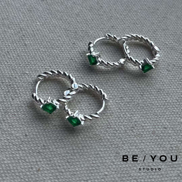 Emerald Green Silver Twist Huggies Earrings