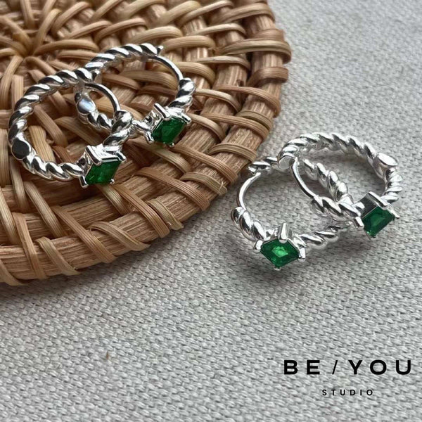 Emerald Green Silver Twist Huggies Earrings