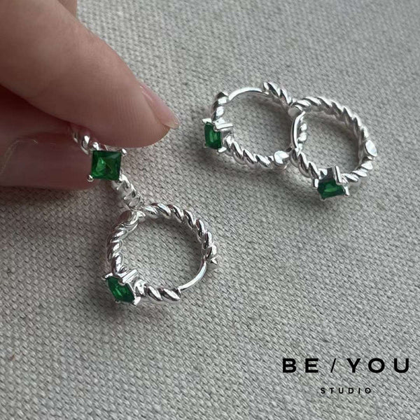 Emerald Green Silver Twist Huggies Earrings