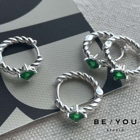 Emerald Green Silver Twist Huggies Earrings