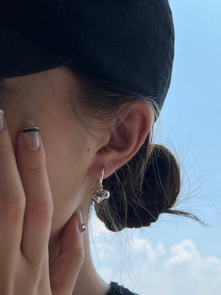 3D Heart Silver Earrings