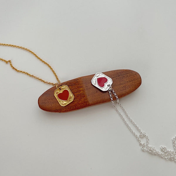 Red Agate Heart Shield Silver Necklace