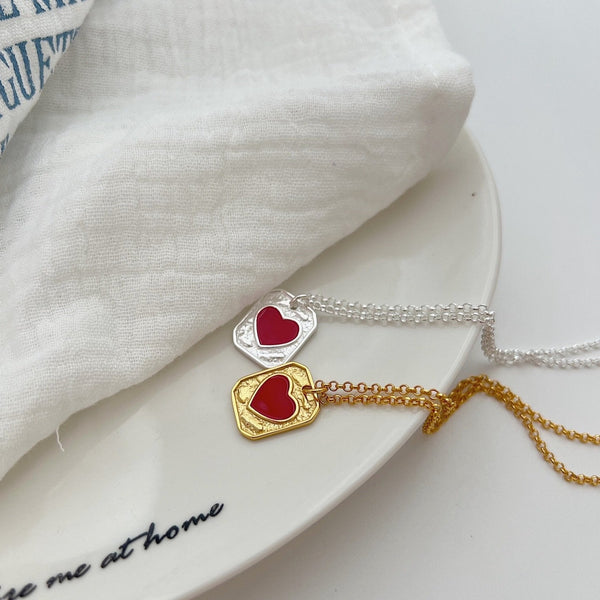 Red Agate Heart Shield Silver Necklace