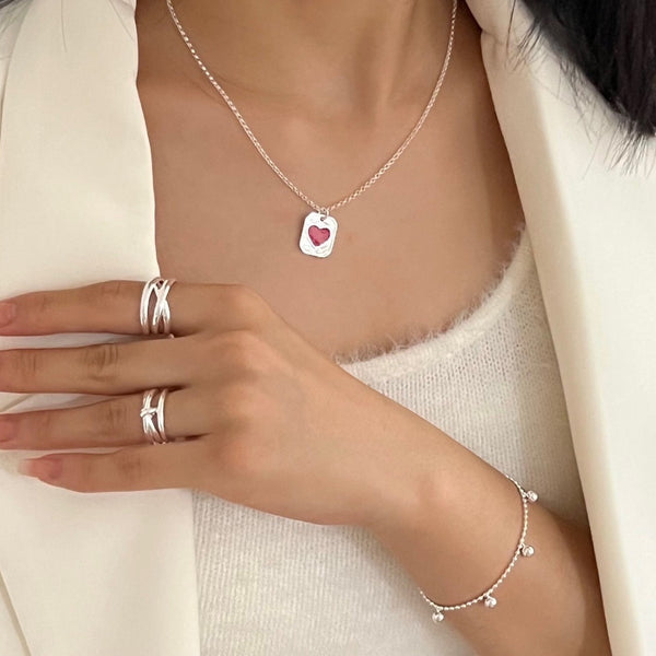 Red Agate Heart Shield Silver Necklace