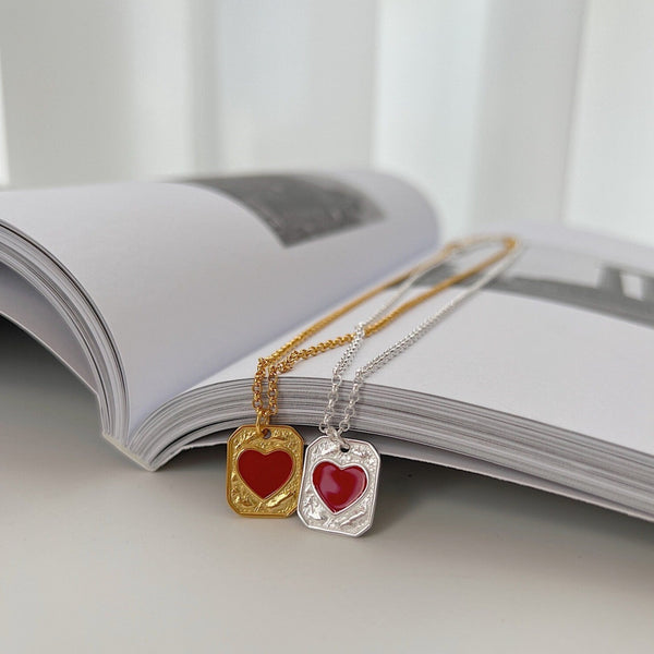 Red Agate Heart Shield Silver Necklace