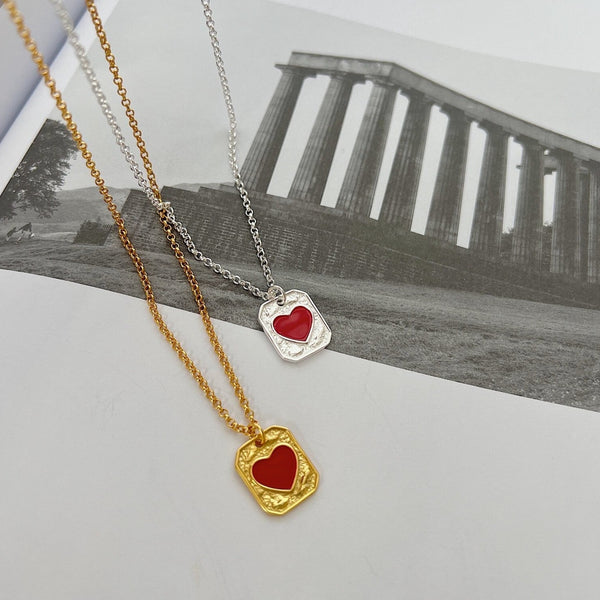 Red Agate Heart Shield Silver Necklace
